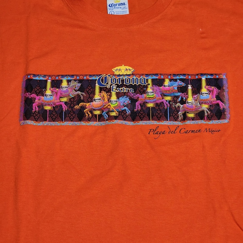 Corona Extra Playa del Carmen Mexico T Shirt Size Large Orange Carousel - Picture 2 of 8